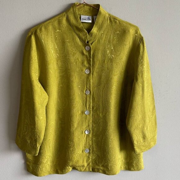 Chicos Jackets & Blazers - Chicos Women Long Sleeve With Collar Button Down Silk Jacket Lime Green Size 0